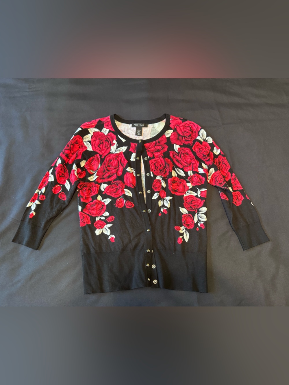 White House Black Market Black Cardigan with Red Roses